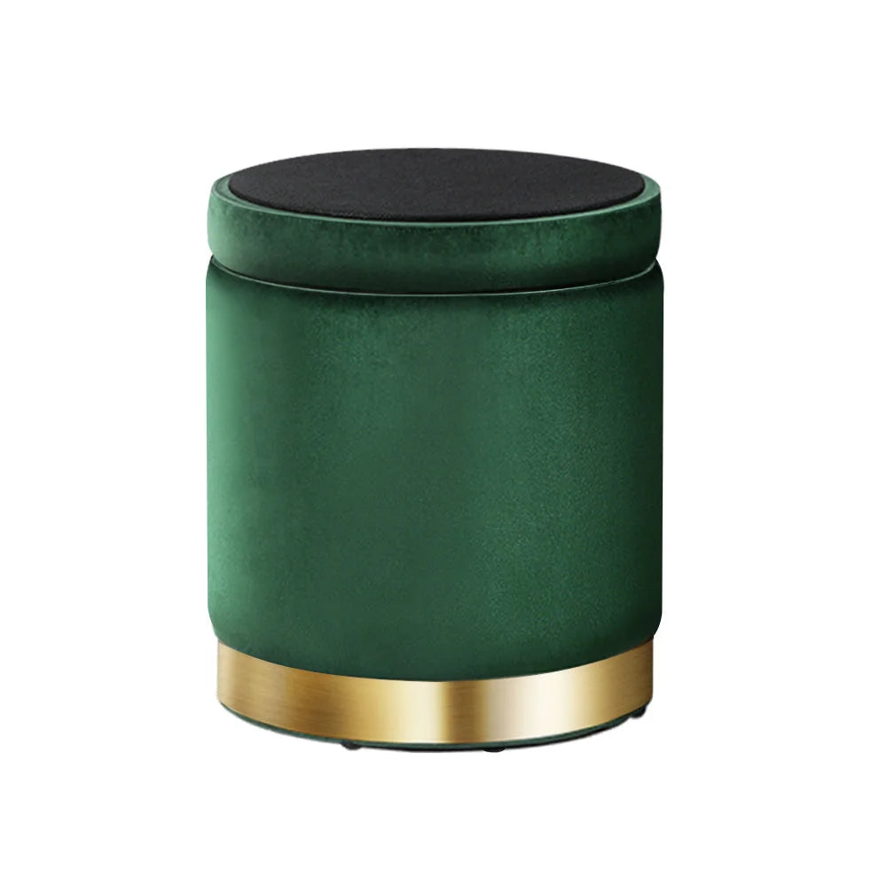 Round velvet storage in a room setting