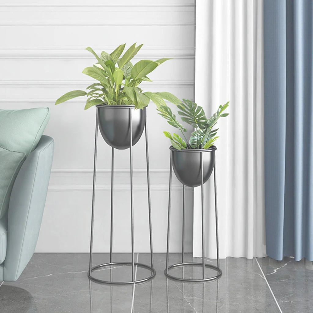 Round Wire Metal Flower Pot Stand 2X 50cm with Black Flowerpot Holder Rack Display