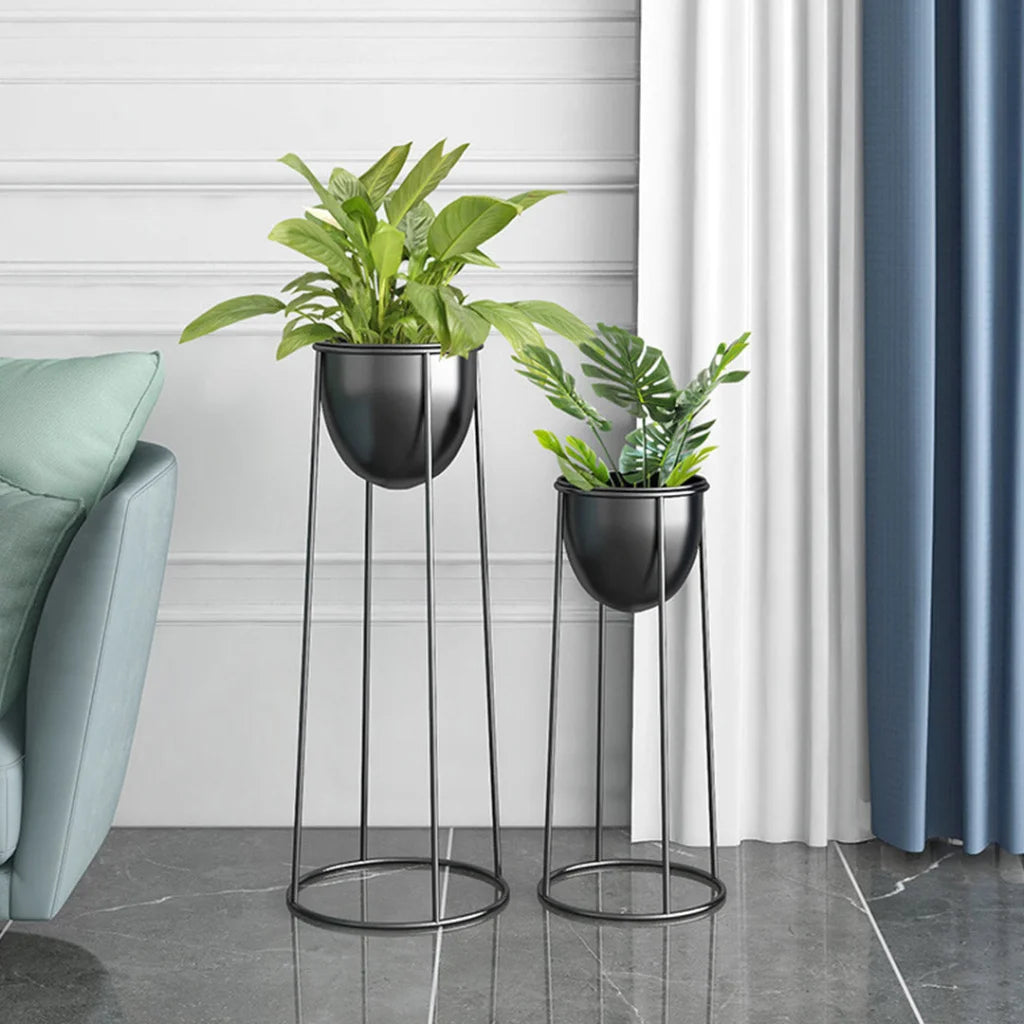 Round Wire Metal Flower Pot Stand 2X 70cm with Black Flowerpot Holder Rack Display