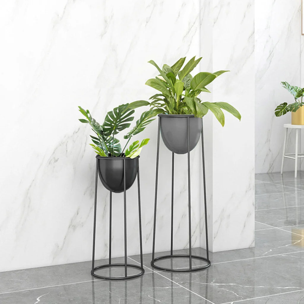 Round Wire Metal Flower Pot Stand 50cm with Black Flowerpot Holder Rack Display
