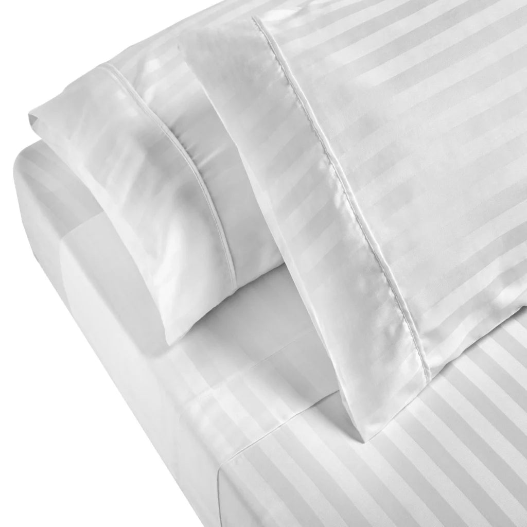 White cotton royal comfort sheet with fitted edges and product hardware