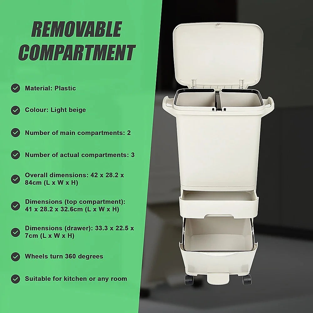 Rubbish Bin 42L Waste Trash Can Pedal Recycling Kitchen