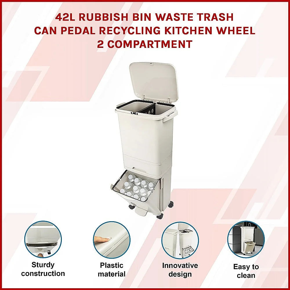 Rubbish Bin 42L Waste Trash Can Pedal Recycling Kitchen Wheel 2 Compartment