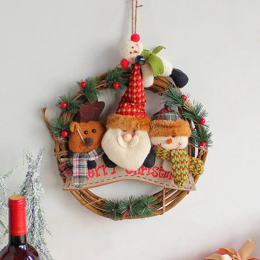 Rustic Christmas Wreath with Santa Reindeer and Snowman