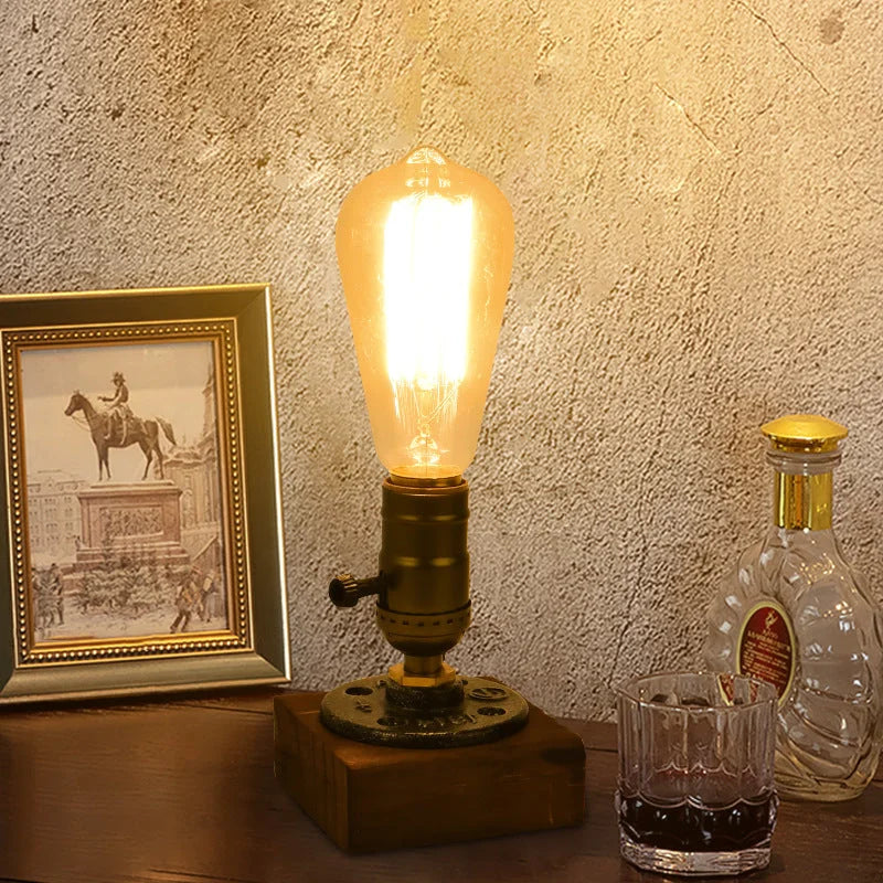Rustic Industrial Table Lamp Vintage Wooden Base Accent