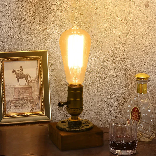 Rustic Industrial Table Lamp Vintage Wooden Base Accent