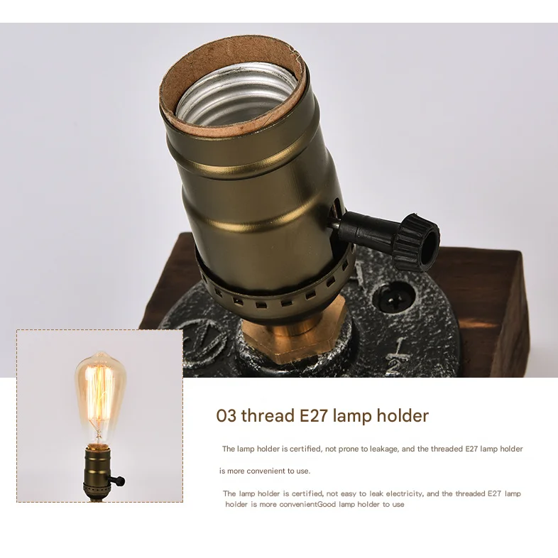 Rustic Industrial Table Lamp Vintage Wooden Base Accent