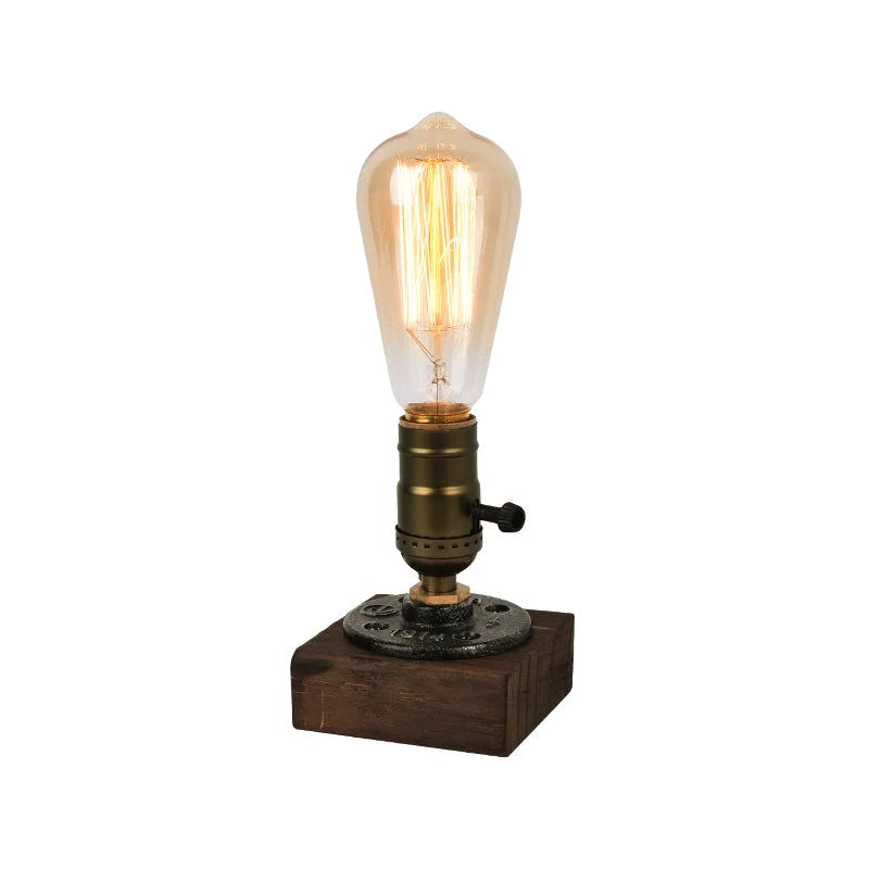 Rustic Industrial Table Lamp Vintage Wooden Base Accent