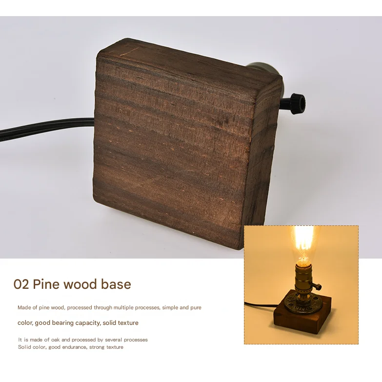 Rustic Industrial Table Lamp Vintage Wooden Base Accent