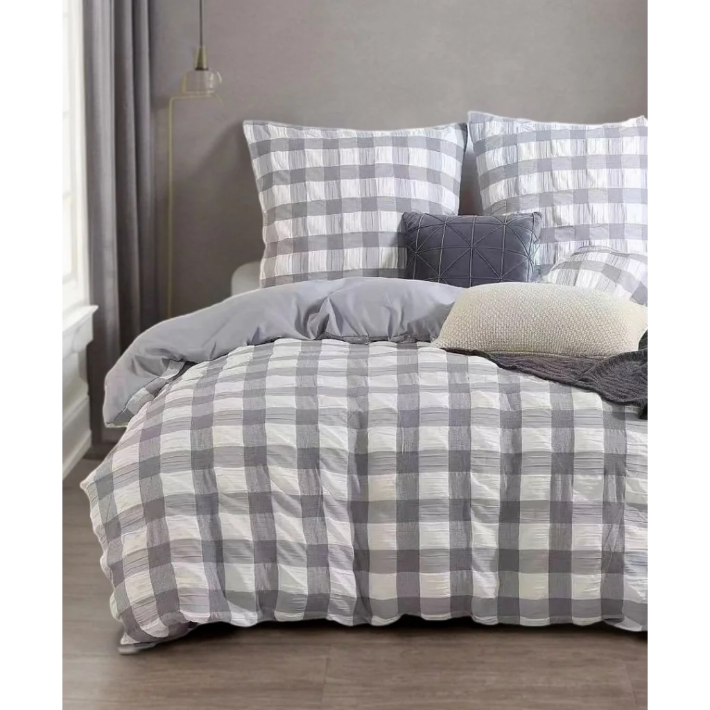 Rylee Grey Check Seersucker Quilt Cover Set - Queen Size