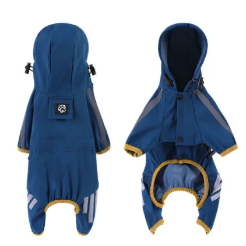 S Blue And Gray Trim Waterproof Four-Legged Dog Raincoat