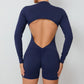 S Blue Backless Scrunch Butt Workout Jumpsuit - Long-Sleeve