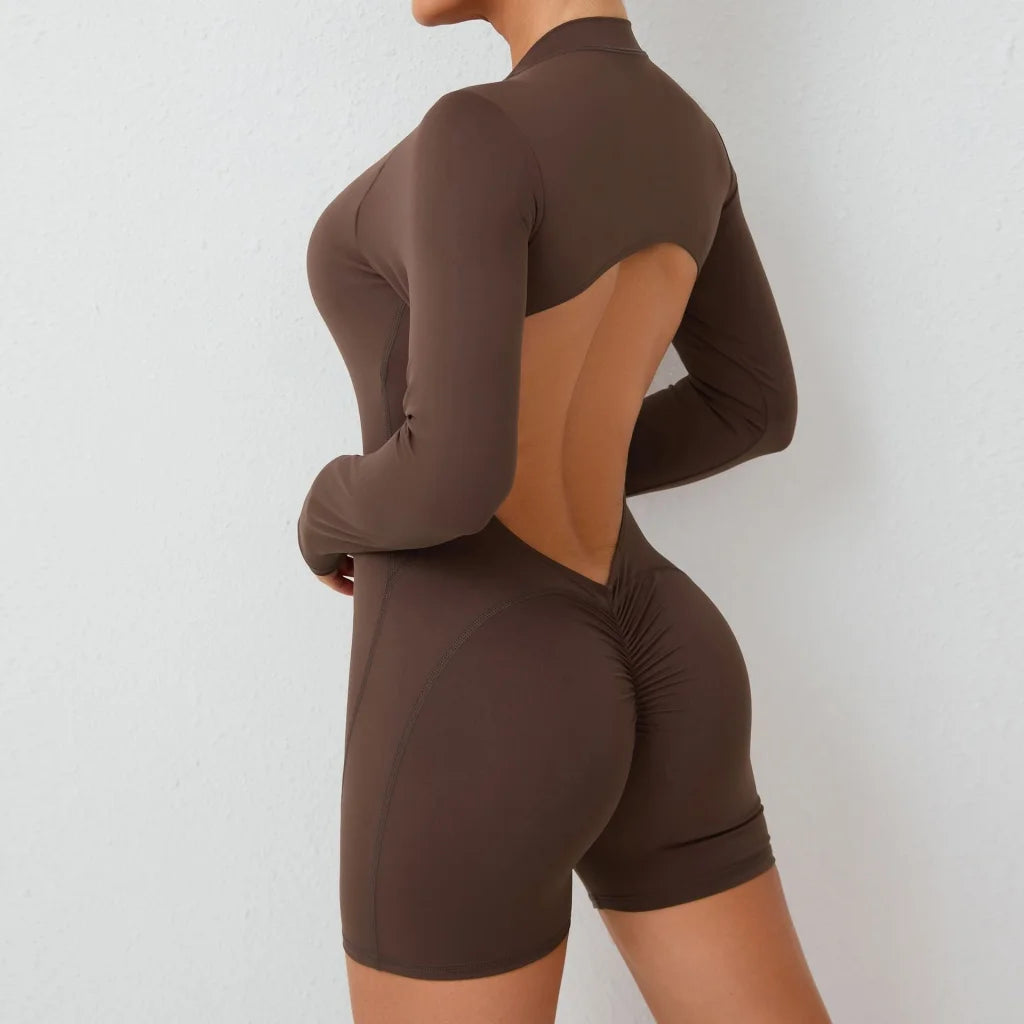 S Brown Backless Scrunch Butt Workout Jumpsuit