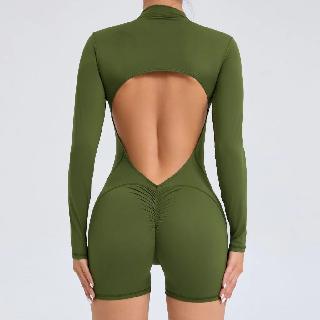 S Green Backless Scrunch Butt Workout Jumpsuit