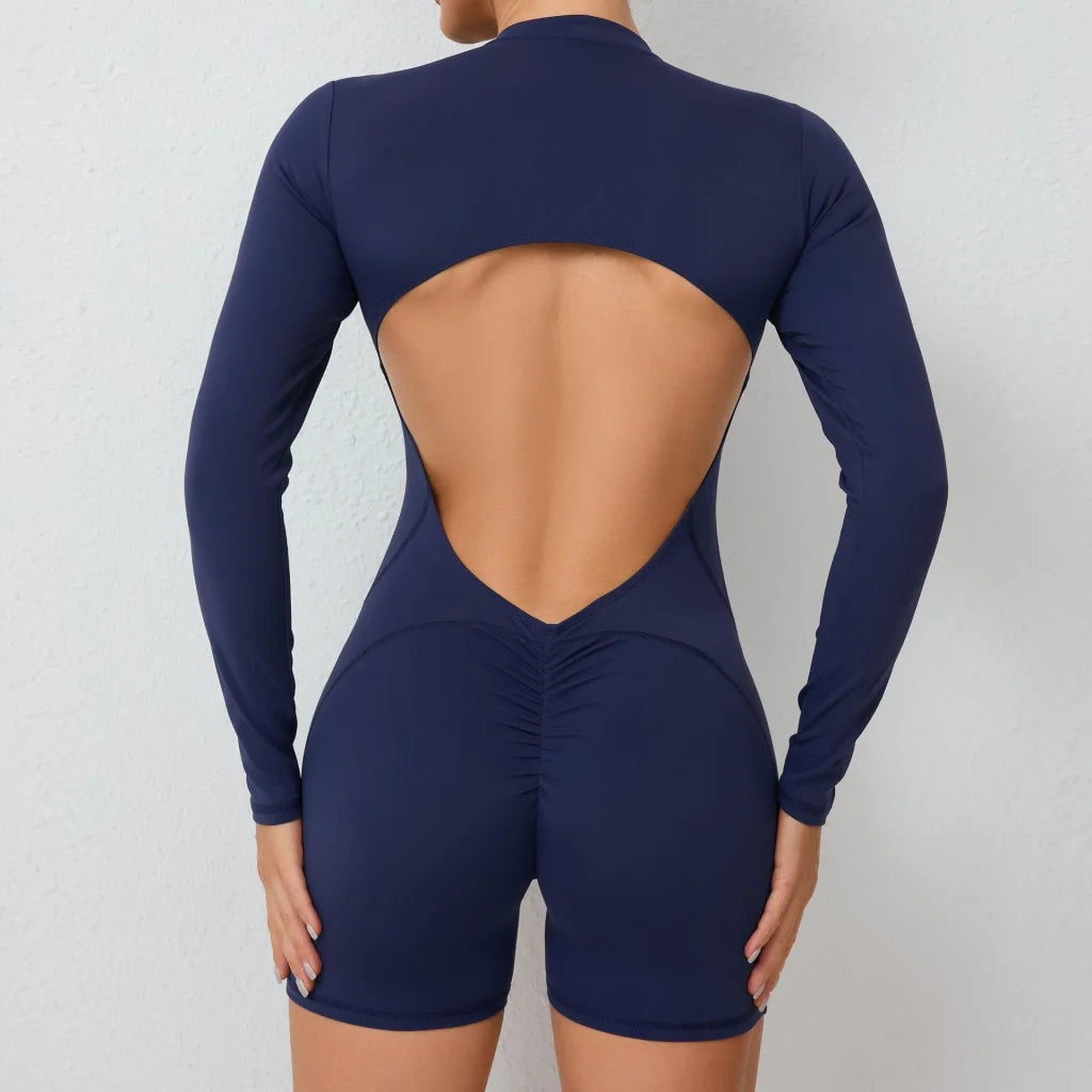 S Pink Backless Scrunch Butt Workout Jumpsuit - Long-Sleeve