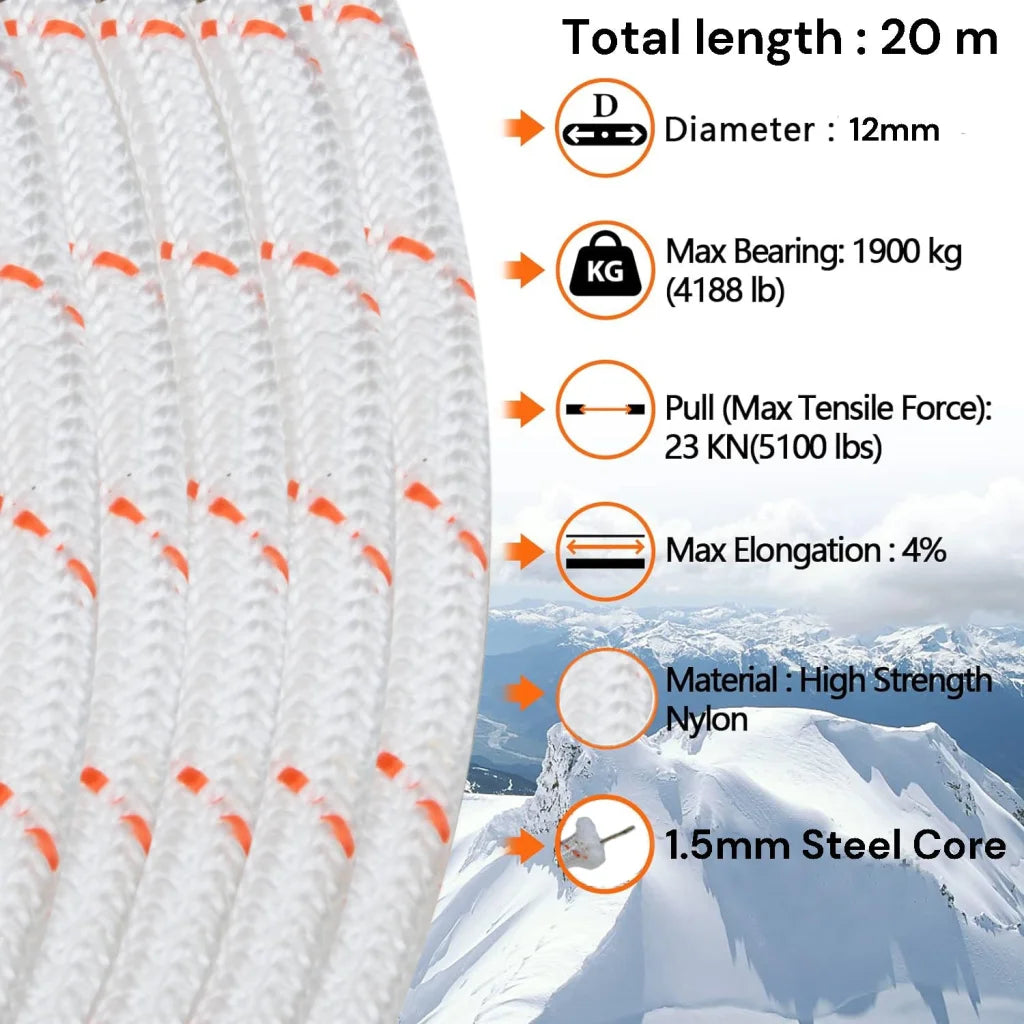 Safety Climbing Rope 12mm 20m Nylon Static Rock Outdoor