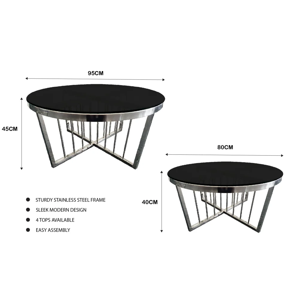 Salina Coffee Table 80cm Silver Base - Black Glass