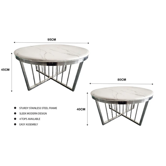 Salina Coffee Table 80cm Silver Base - White Marble