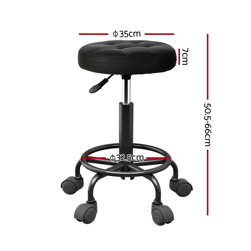 Black salon stool swivel with component details and storage context