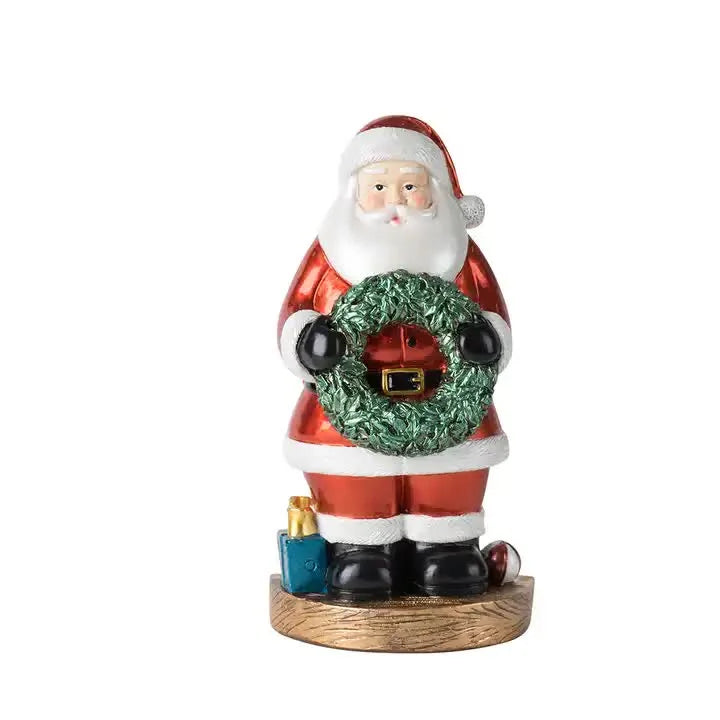 Santa Claus Figurine with Wreath - 18cm Festive Resin