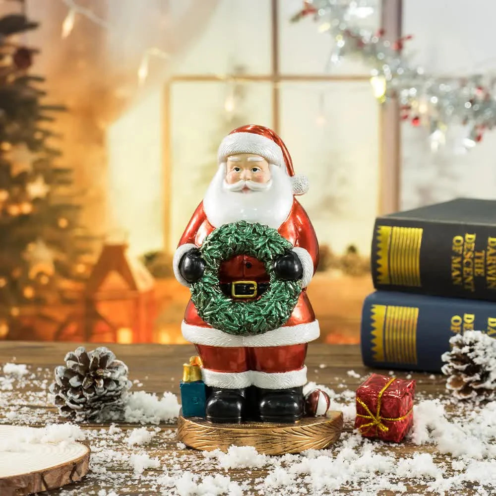 Santa Claus Figurine with Wreath - 18cm Festive Resin