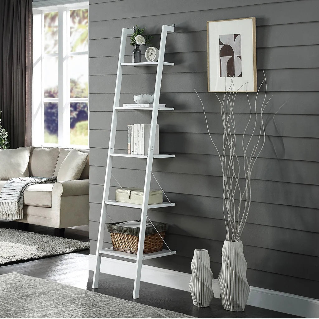 Sarantino Amelia 5-Tier Ladder Shelf in White - Furniture >