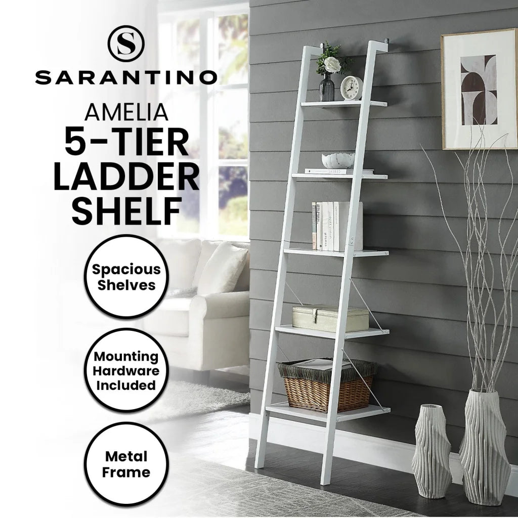 Sarantino Amelia 5-Tier Ladder Shelf in White - Furniture >