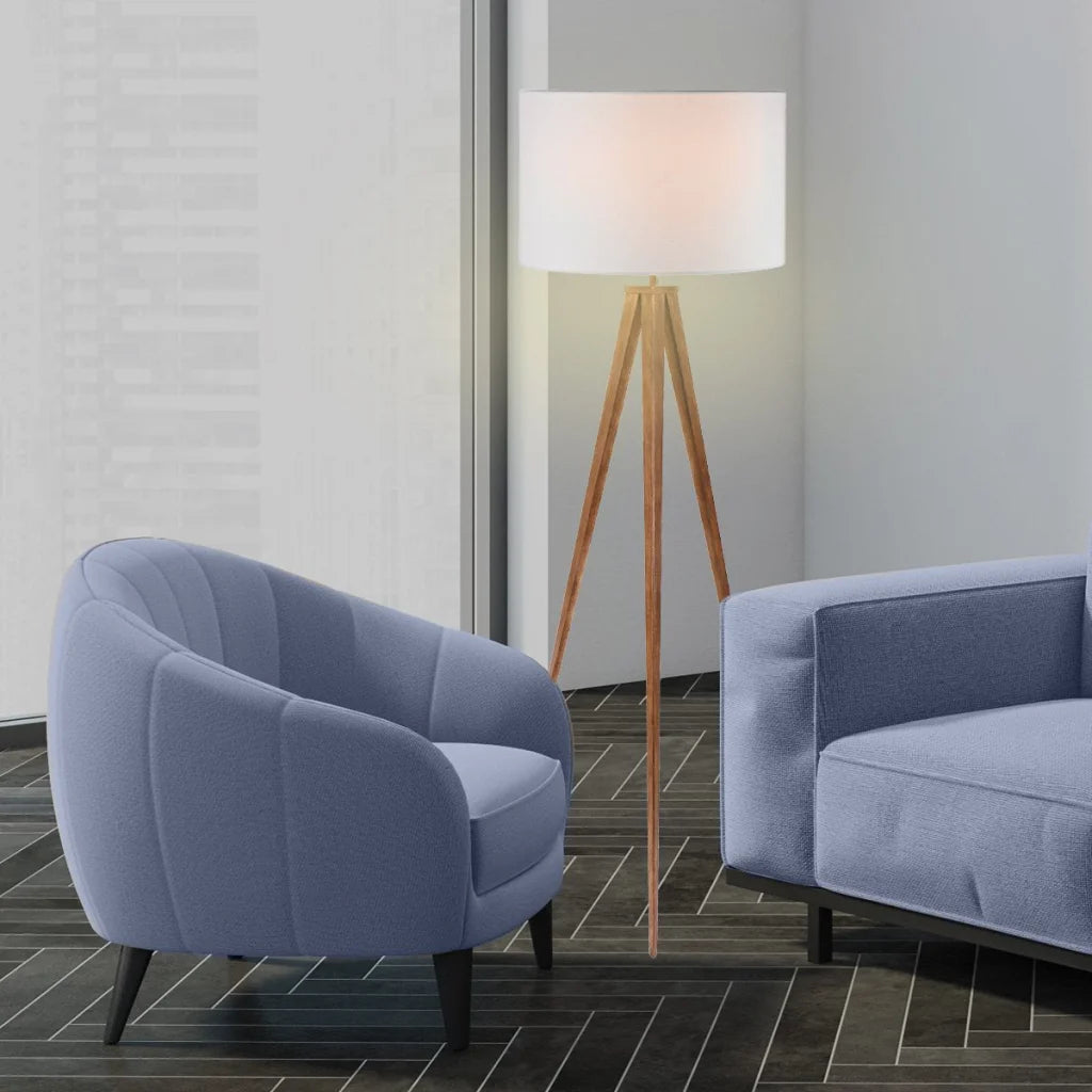 Sarantino Metal Tripod Floor Spot Lamp Shade Drum in Wooden