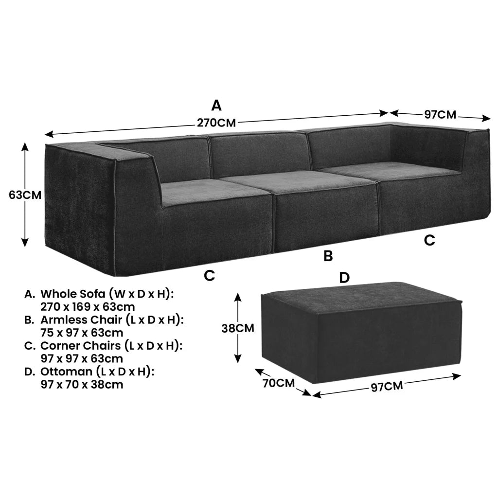 Sarantino Novi 3-Seater Modular Sofa with Ottoman in Black