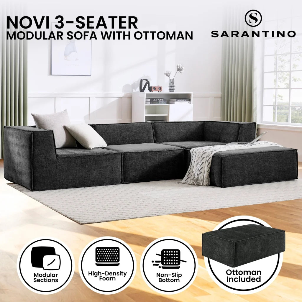 Sarantino Novi 3-Seater Modular Sofa with Ottoman in Black
