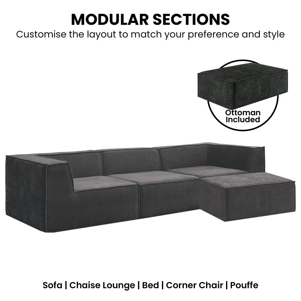 Sarantino Novi 3-Seater Modular Sofa with Ottoman in Black