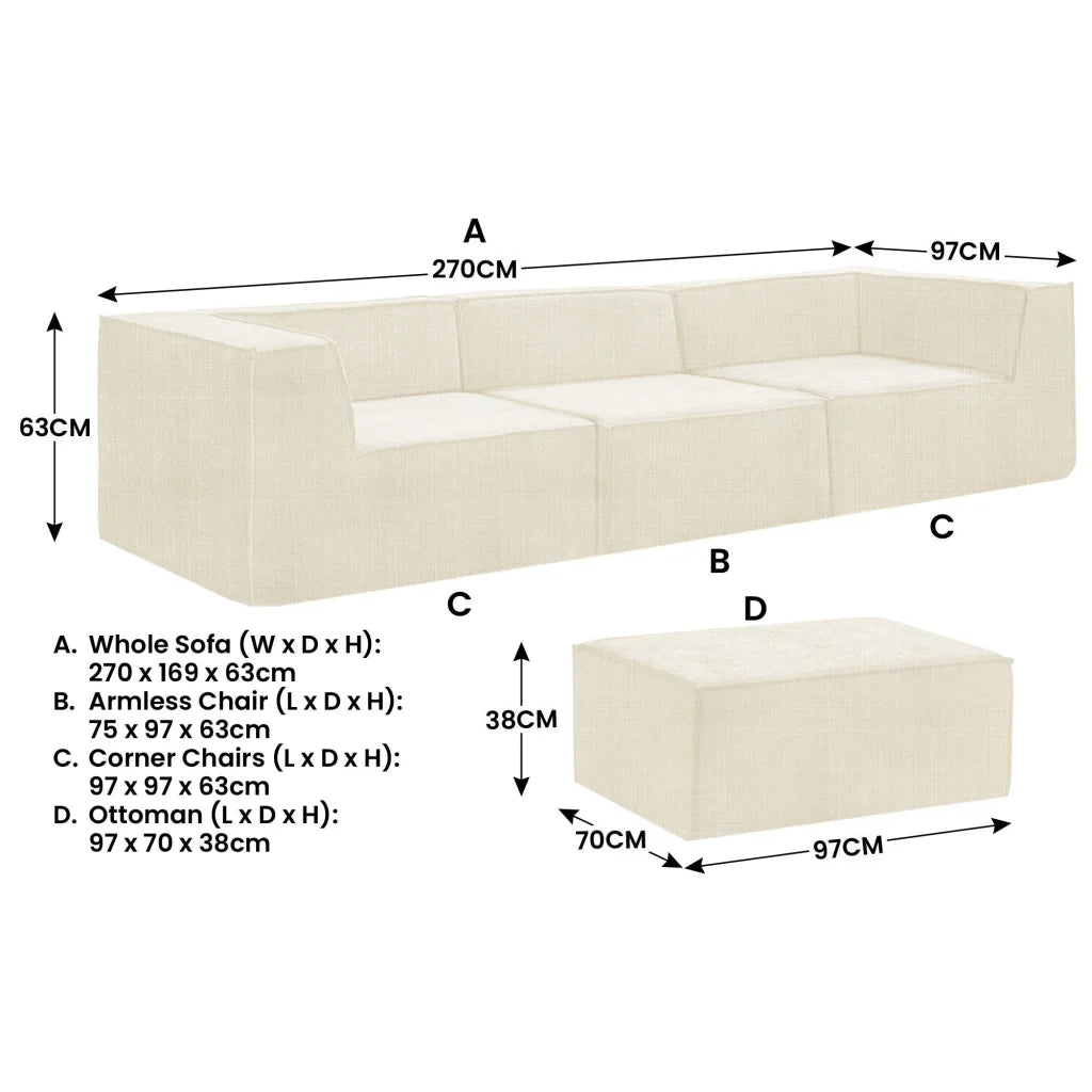 Sarantino Novi 3-Seater Modular Sofa with Ottoman in Cream