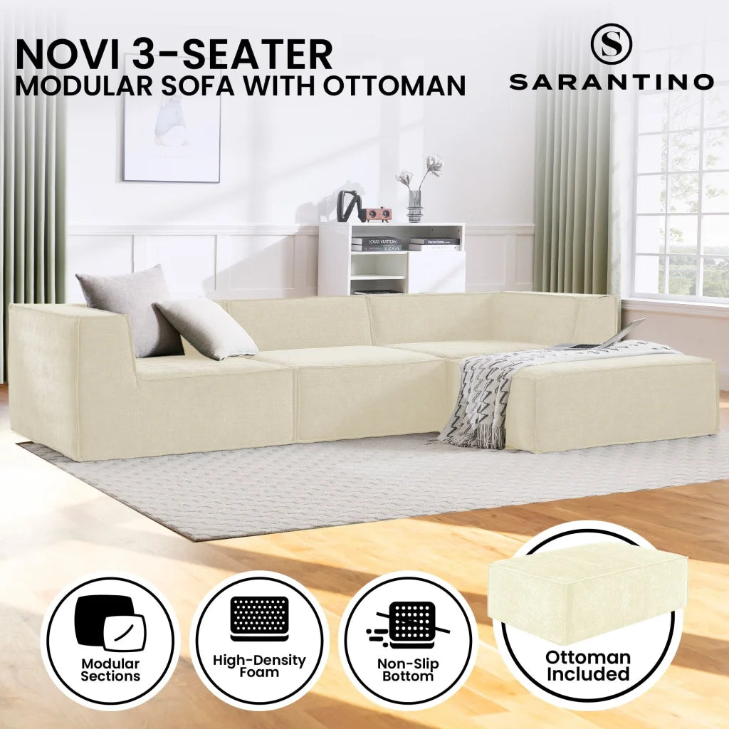 Sarantino Novi 3-Seater Modular Sofa with Ottoman in Cream