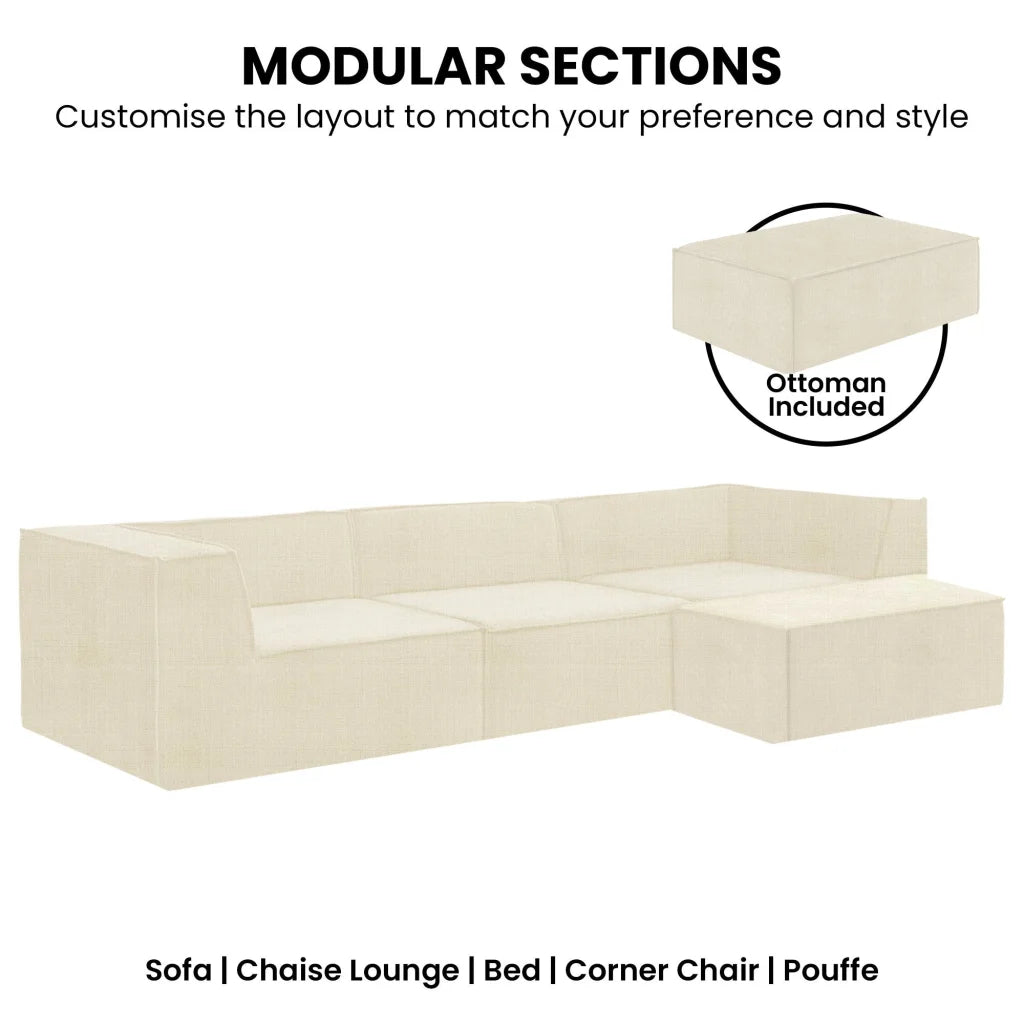 Sarantino Novi 3-Seater Modular Sofa with Ottoman in Cream