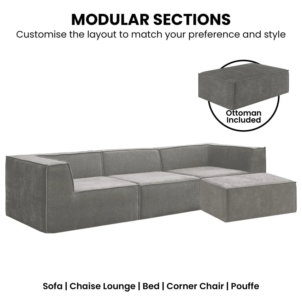 Sarantino Novi 3-Seater Modular Sofa with Ottoman in Grey