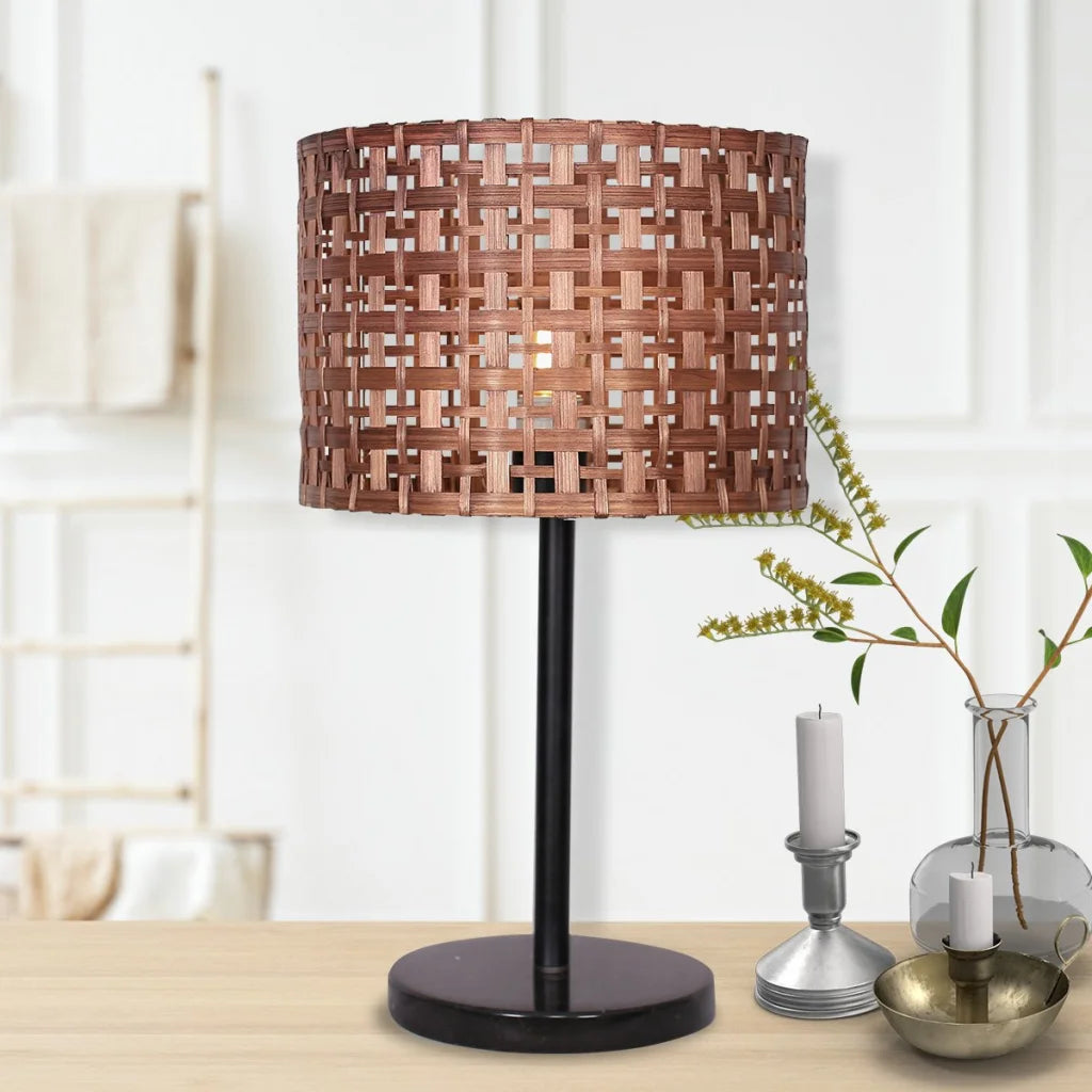 Sarantino Rattan Desk Lamp With Black Marble Base - Home &