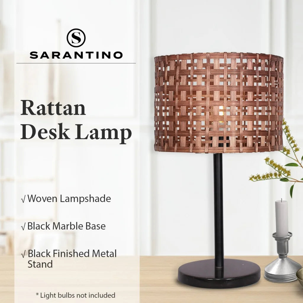 Sarantino Rattan Desk Lamp With Black Marble Base - Home &