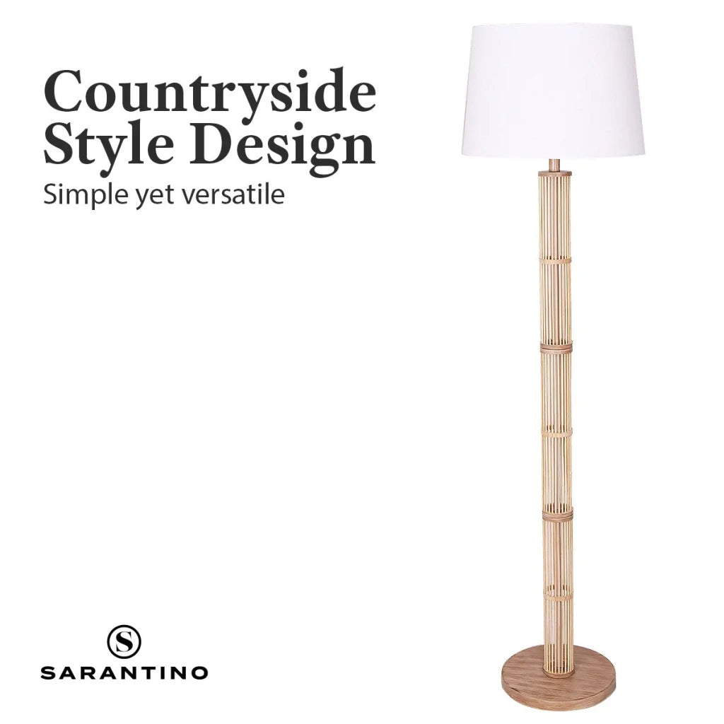 Sarantino Rattan Floor Lamp With Ghost-White Linen Shade
