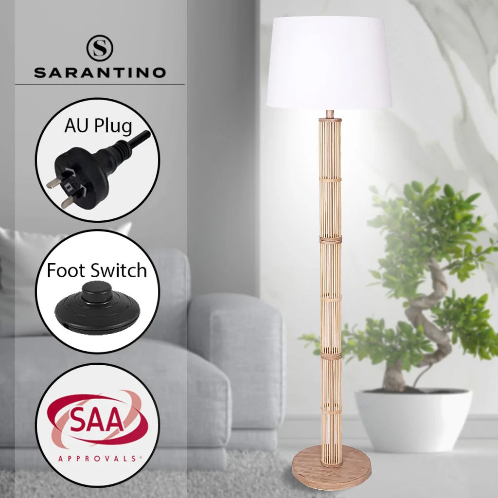 Sarantino Rattan Floor Lamp With Ghost-White Linen Shade
