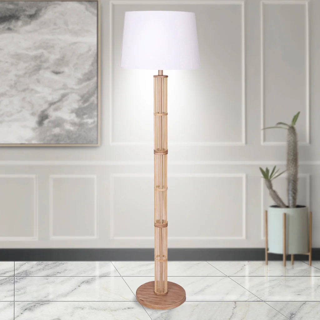 Sarantino Rattan Floor Lamp With Ghost-White Linen Shade