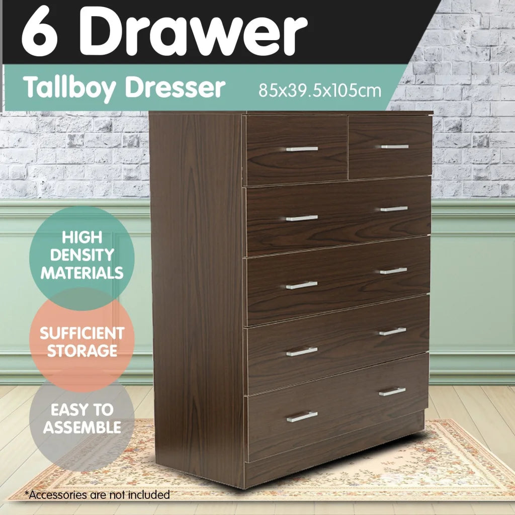 Sarantino Tallboy Dresser 6 Chest Of Drawers Cabinet