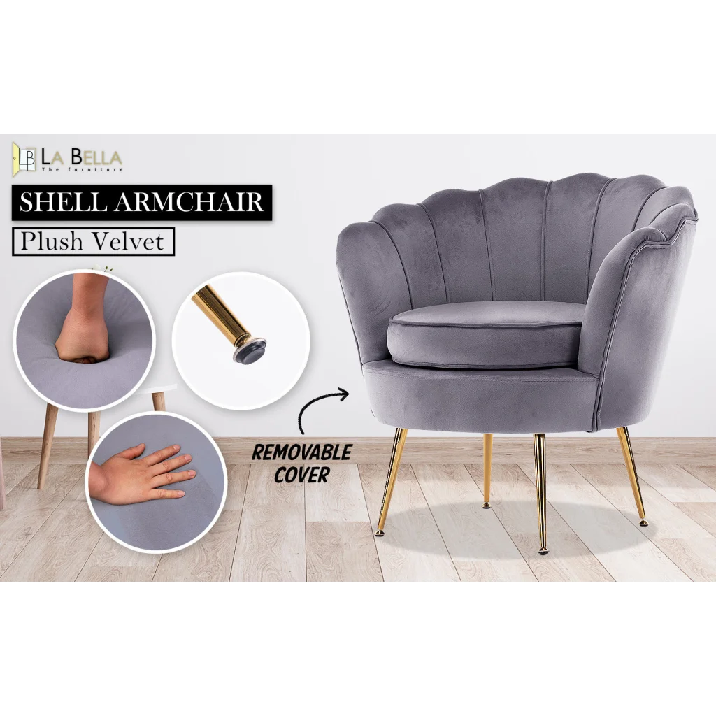 Scallop Grey Armchair Lounge Chair Accent Velvet