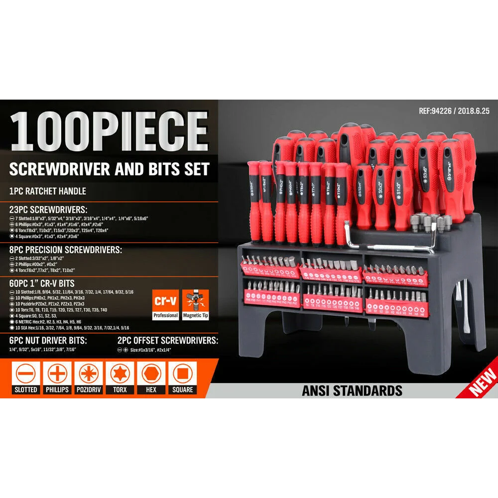 Screwdriver Set 100Pc Ratchet Handle Socket Slot Pozi Hex