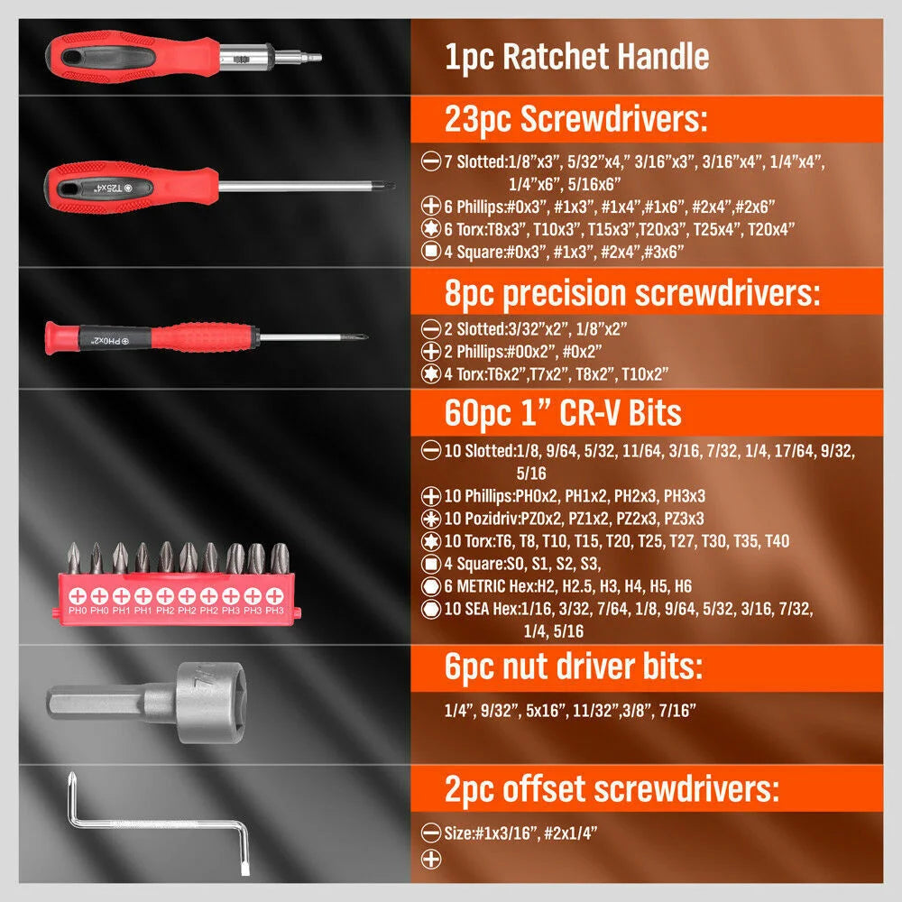 Screwdriver Set 100Pc Ratchet Handle Socket Slot Pozi Hex