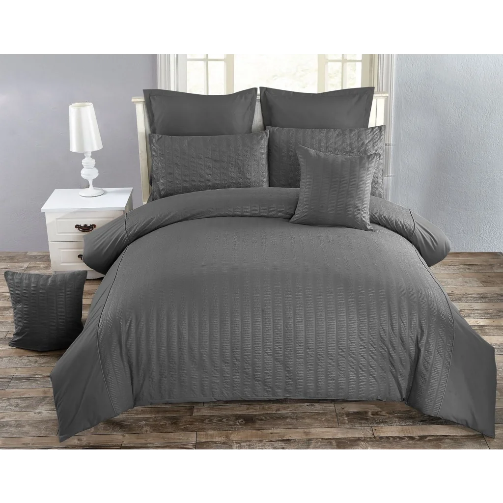 Seersucker Duvet Quilt Cover Set Double Size Charcoal