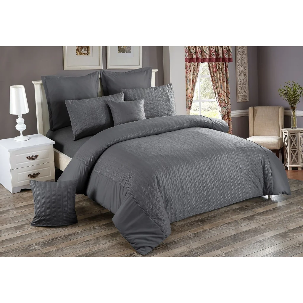 Seersucker Duvet Quilt Cover Set King Size Charcoal - Home