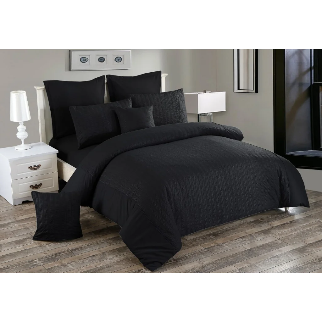 Seersucker Duvet Quilt Cover Set Queen Size Black - Home &