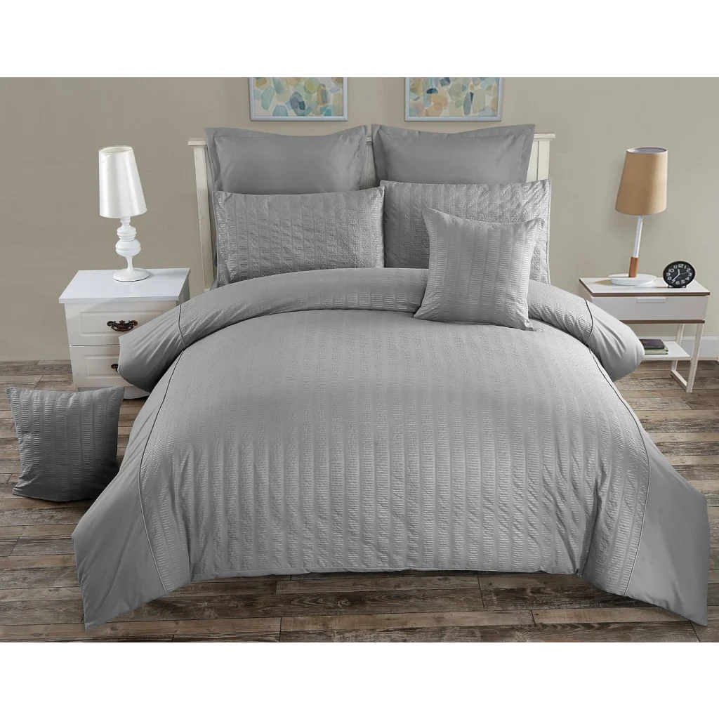 Seersucker Duvet Quilt Cover Set Queen Size Grey - Home &