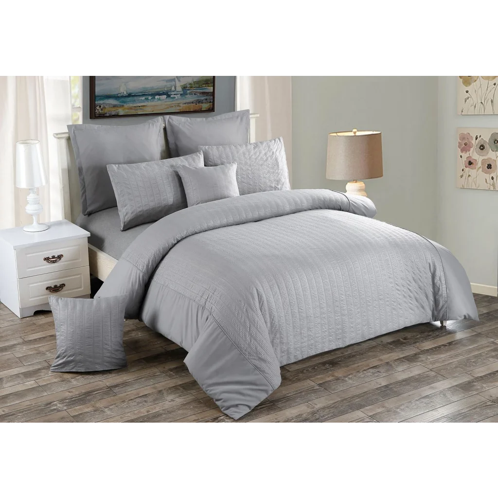 Seersucker Duvet Quilt Cover Set Super King Size Grey