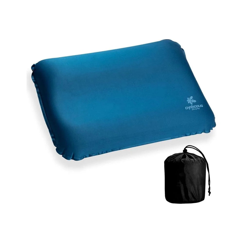 Blue self inflating camping with storage shelves and support legs